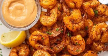 Crispy air fryer shrimp served with tangy dipping sauce on a platter.