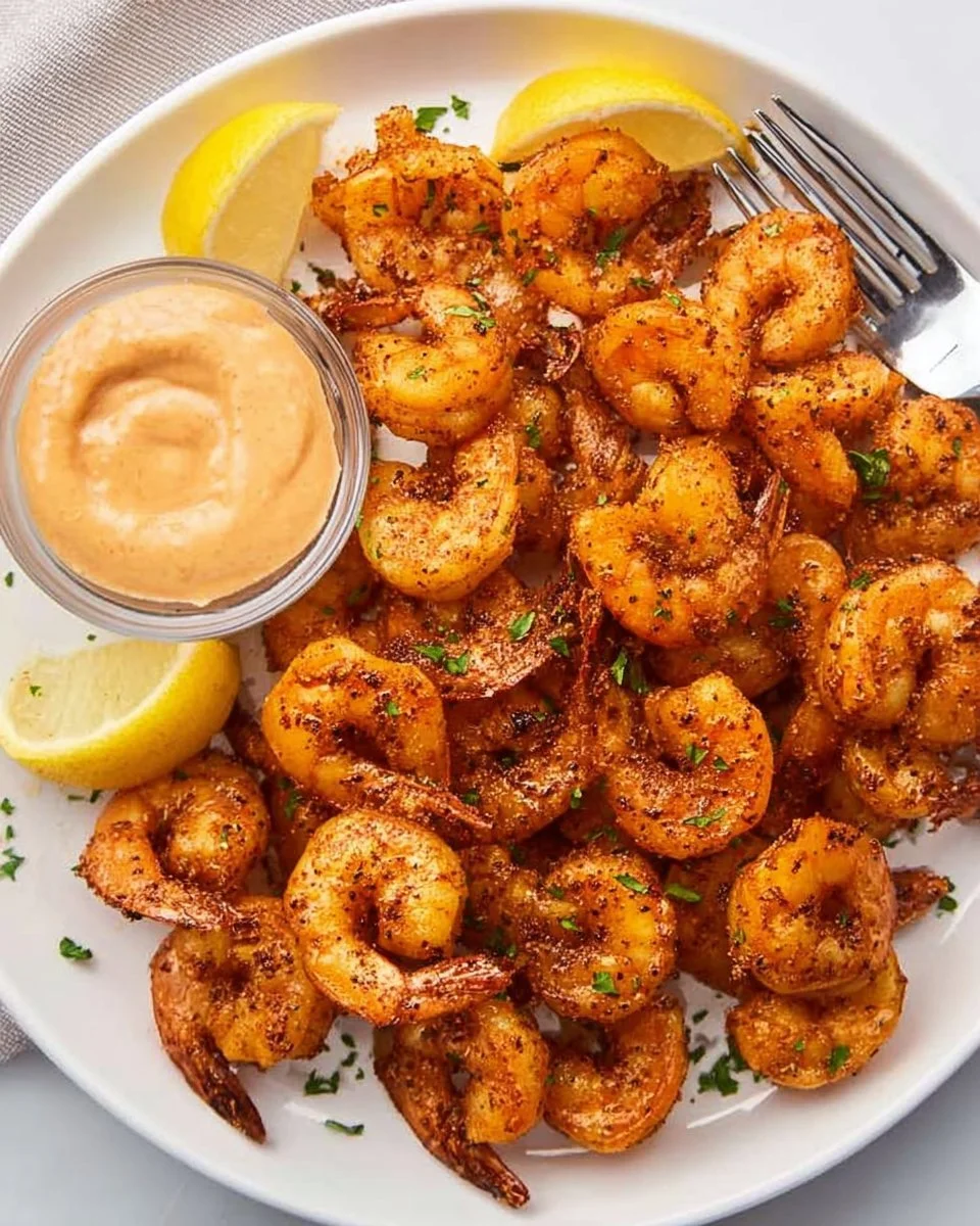 Crispy air fryer shrimp served with tangy dipping sauce on a platter.