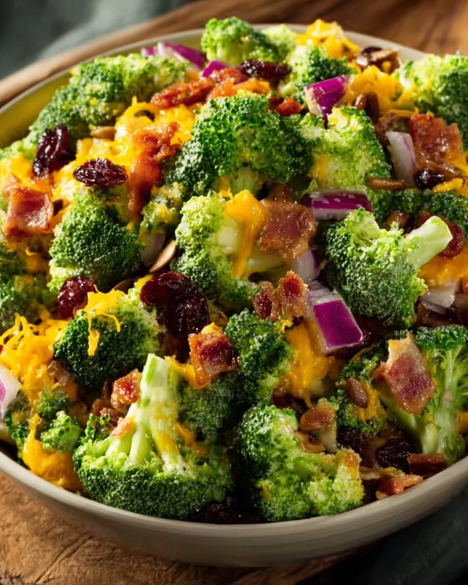 Amish Broccoli Cheddar Salad with fresh ingredients and a creamy dressing