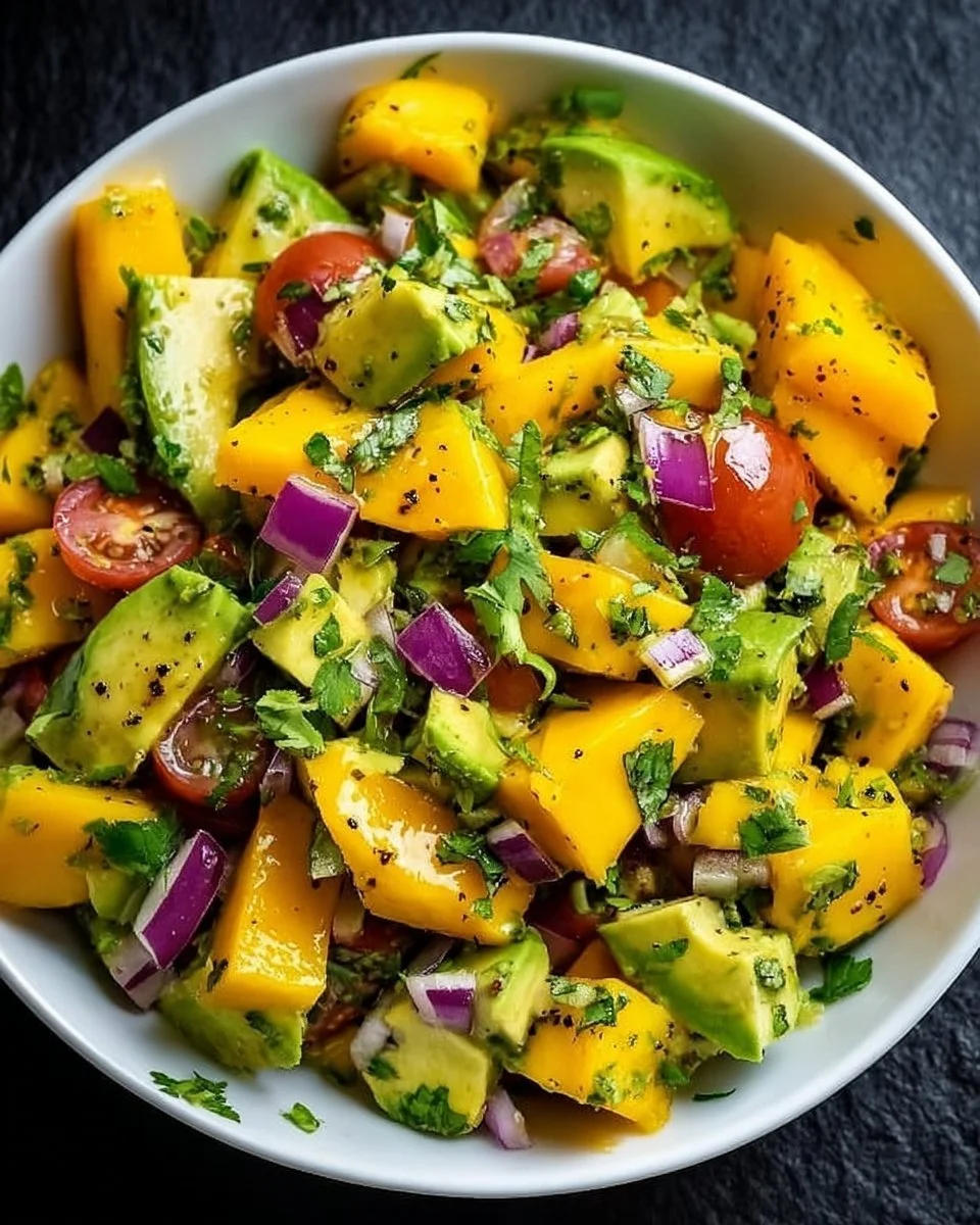 Fresh Avocado and Mango Salad with vibrant ingredients and dressing.