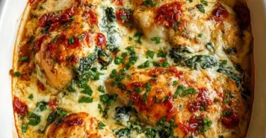 Delicious Baked Tuscan Chicken Casserole served in a dish with herbs and vegetables