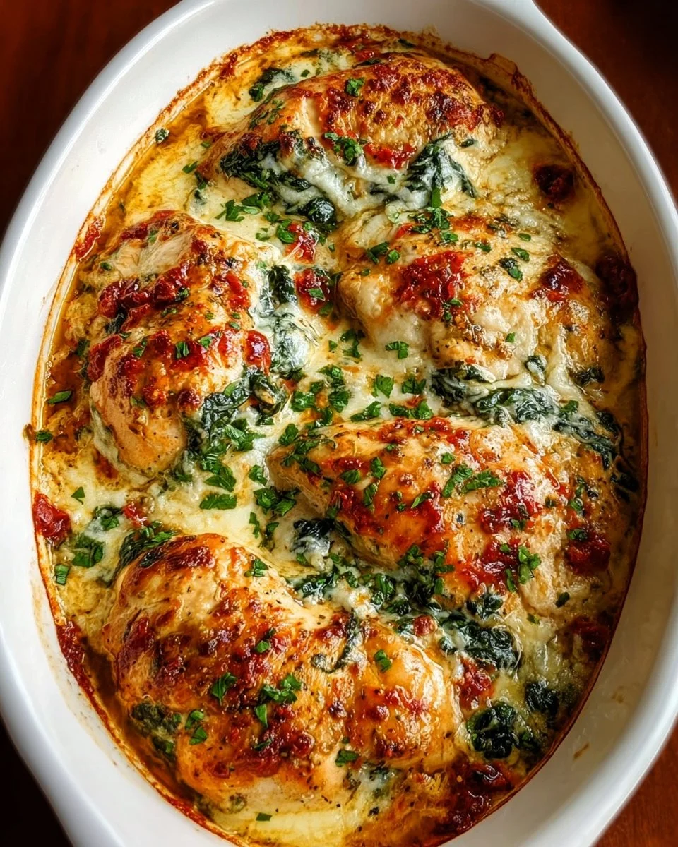 Delicious Baked Tuscan Chicken Casserole served in a dish with herbs and vegetables