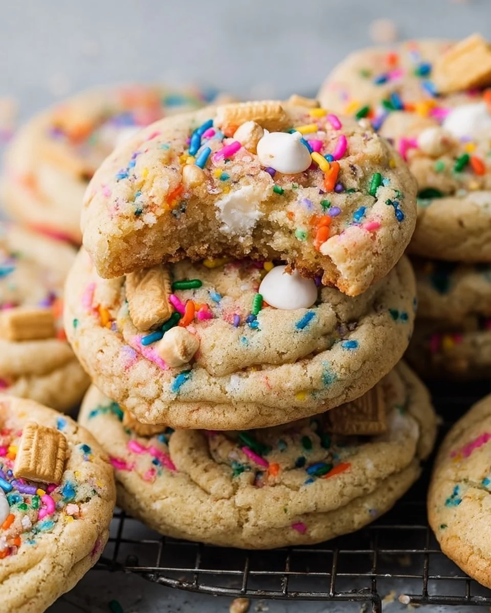 Colorful birthday cake cookies topped with sprinkles and frosting