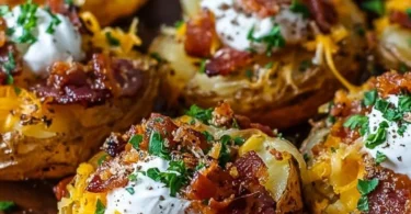 Delicious Blackstone Loaded Smashed Potatoes topped with cheese and herbs