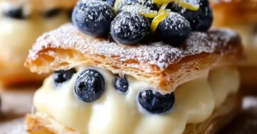 Blueberry Lemon Cream Pastries with vibrant blue and yellow layers on a plate