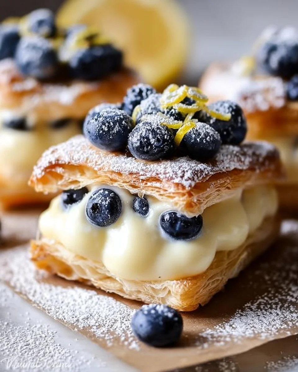 Blueberry Lemon Cream Pastries with vibrant blue and yellow layers on a plate