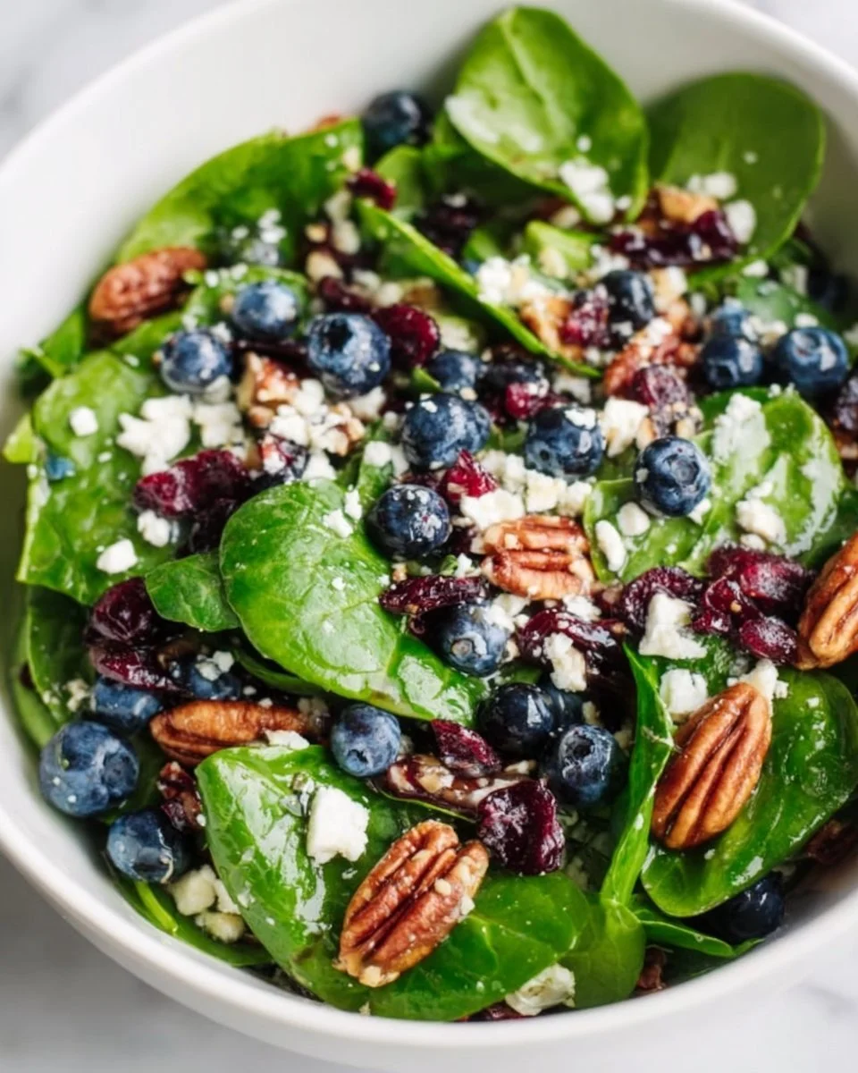 Blueberry Spinach Salad with Honey Balsamic Dressing on a plate