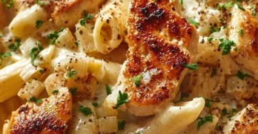 Boursin Chicken Pasta served in a bowl with fresh basil and parmesan