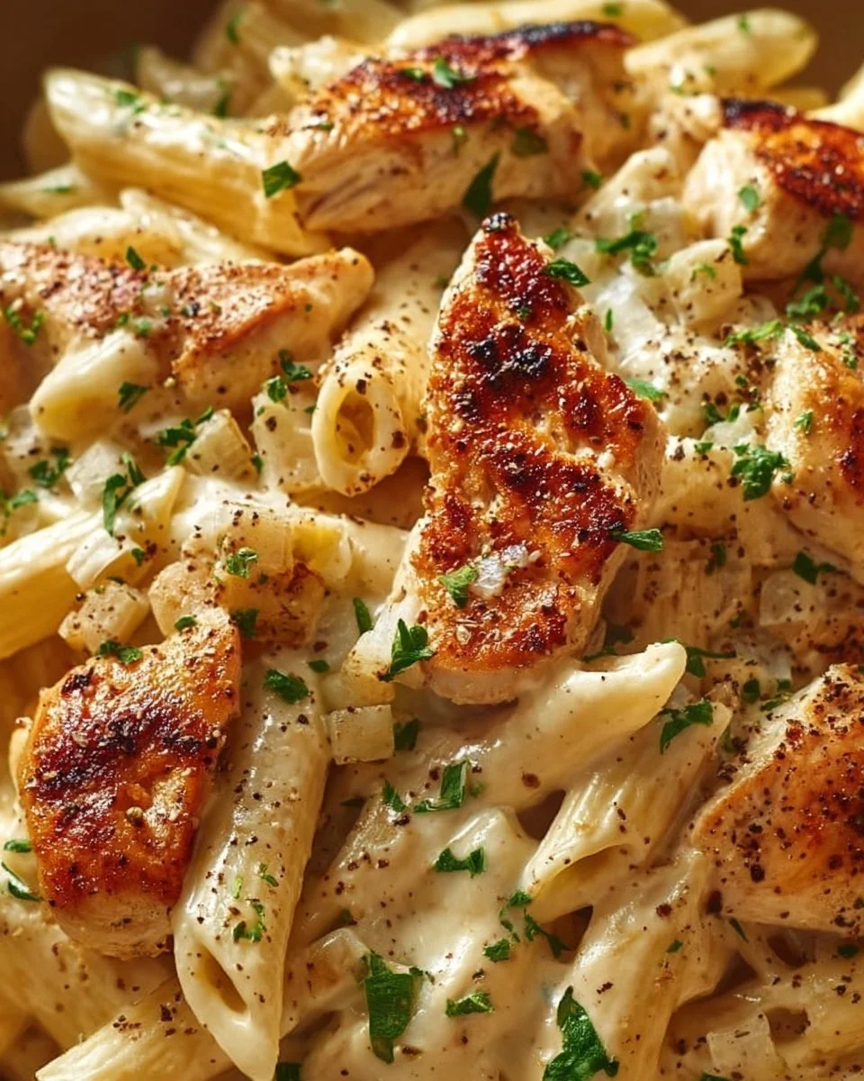 Boursin Chicken Pasta served in a bowl with fresh basil and parmesan