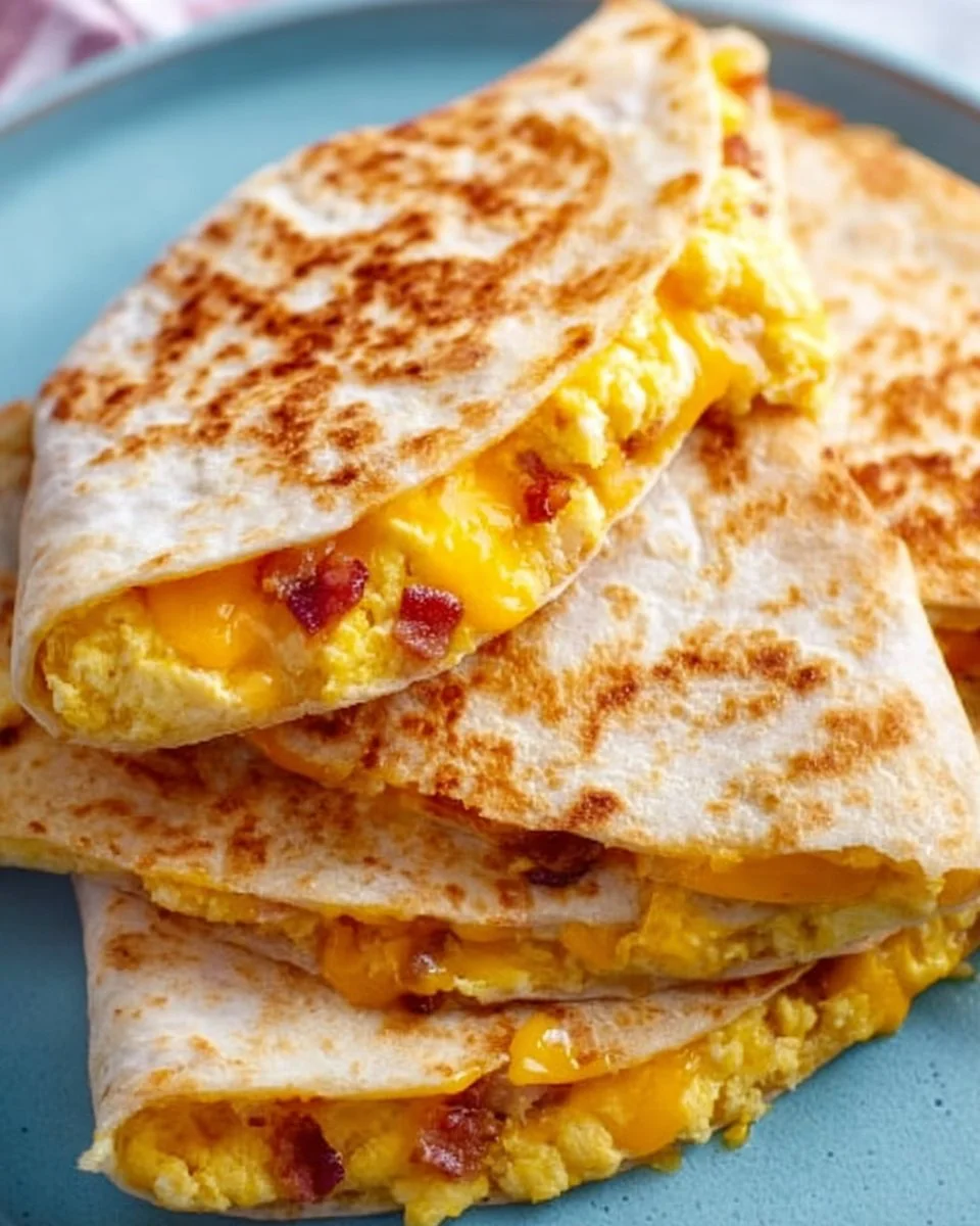 Delicious breakfast quesadilla filled with eggs, cheese, and vegetables