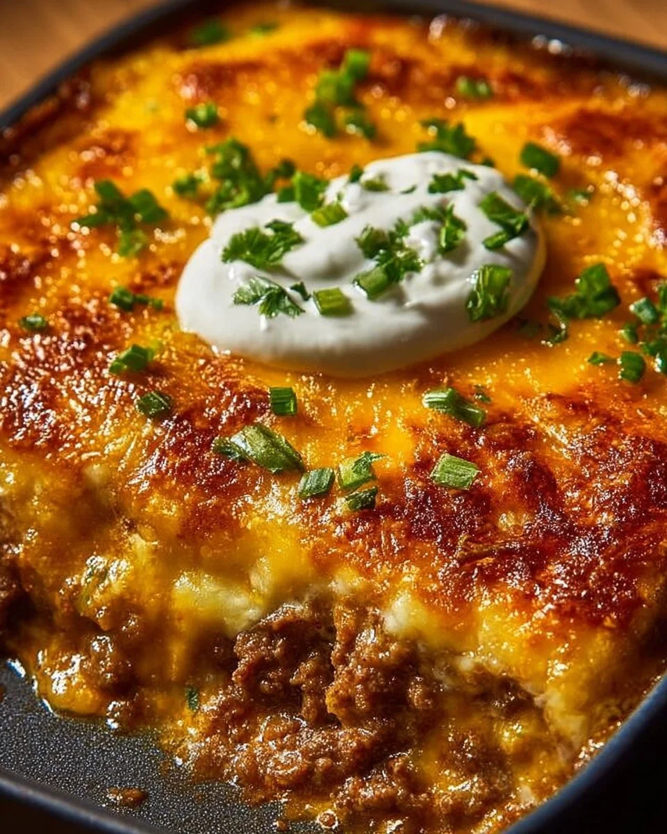 Cheesy baked burrito casserole topped with melted cheese and fresh ingredients