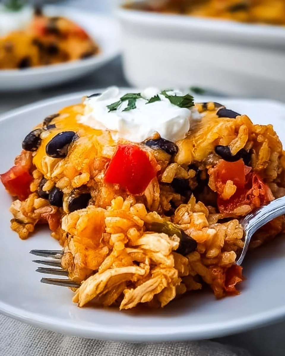 Cheesy Chicken Taco Casserole topped with melted cheese and fresh toppings.