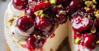 Delicious Cherry Pistachio Cheesecake topped with fresh cherries and pistachios