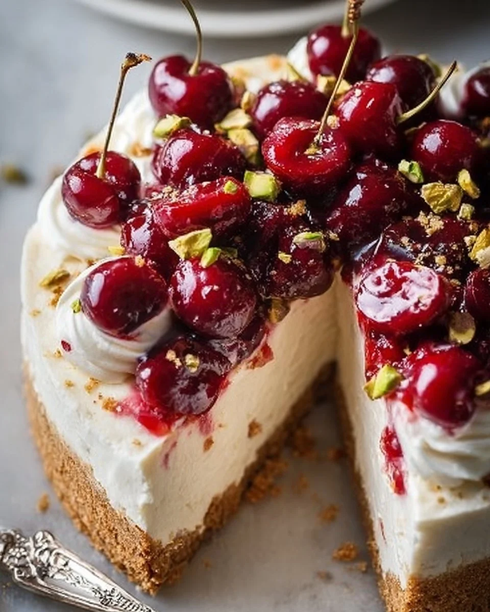 Delicious Cherry Pistachio Cheesecake topped with fresh cherries and pistachios