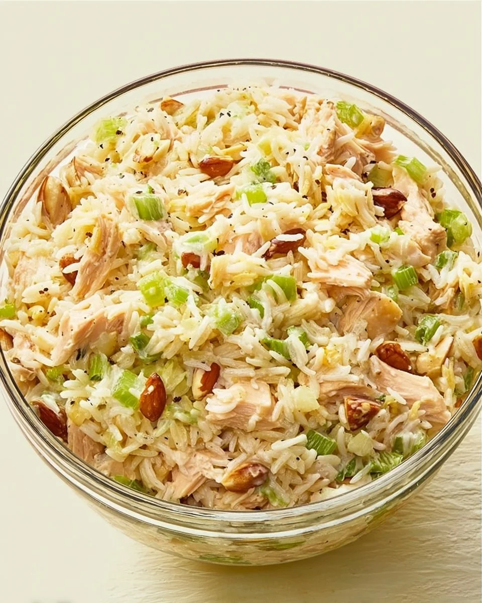 Healthy Chicken Rice Salad with fresh vegetables and dressing