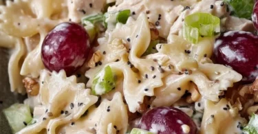 Delicious Chicken Grape Pasta Salad with Poppy Seed Dressing served in a bowl