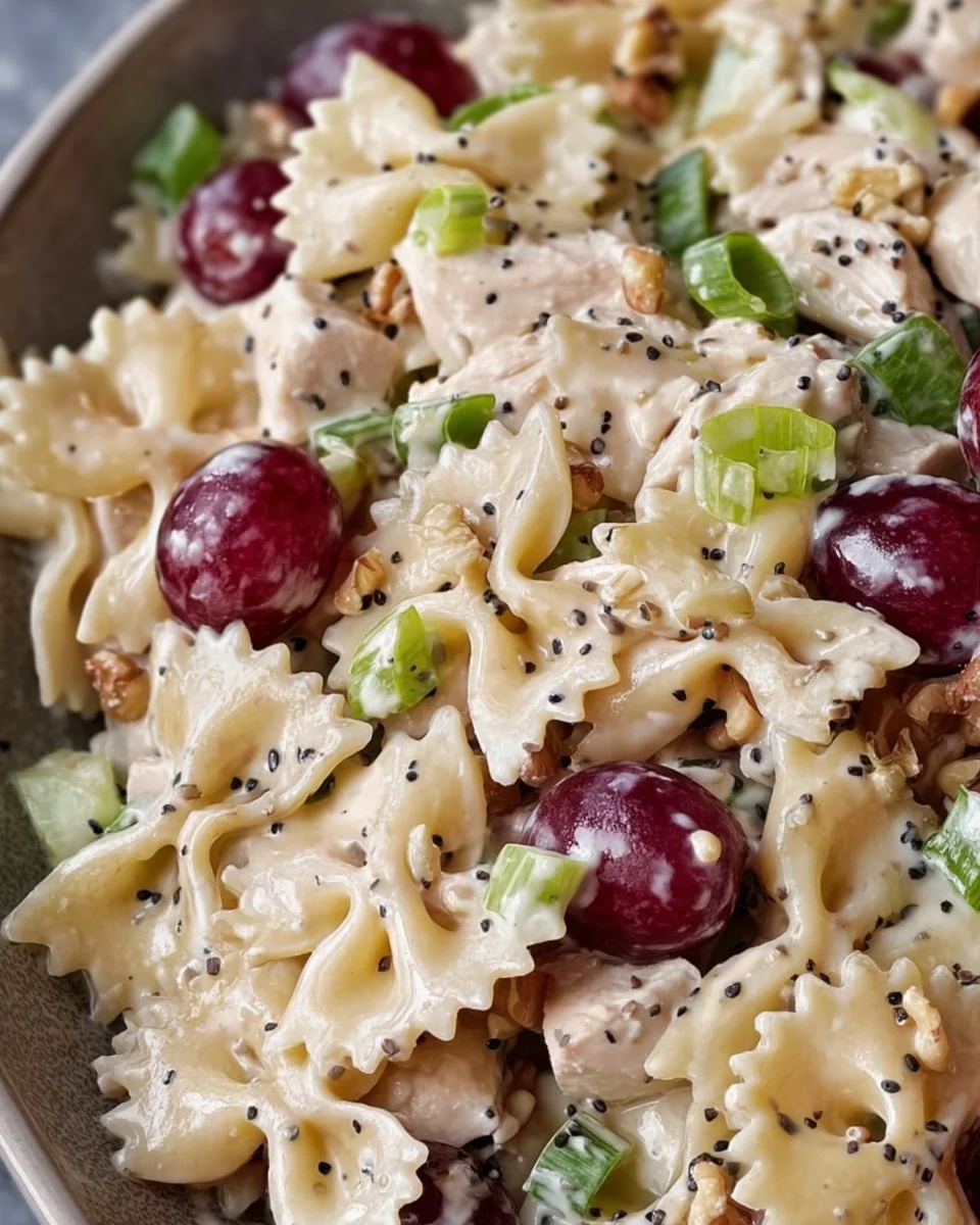 Delicious Chicken Grape Pasta Salad with Poppy Seed Dressing served in a bowl