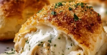 Delicious Chicken Pillows smothered in creamy parmesan sauce served on a plate.