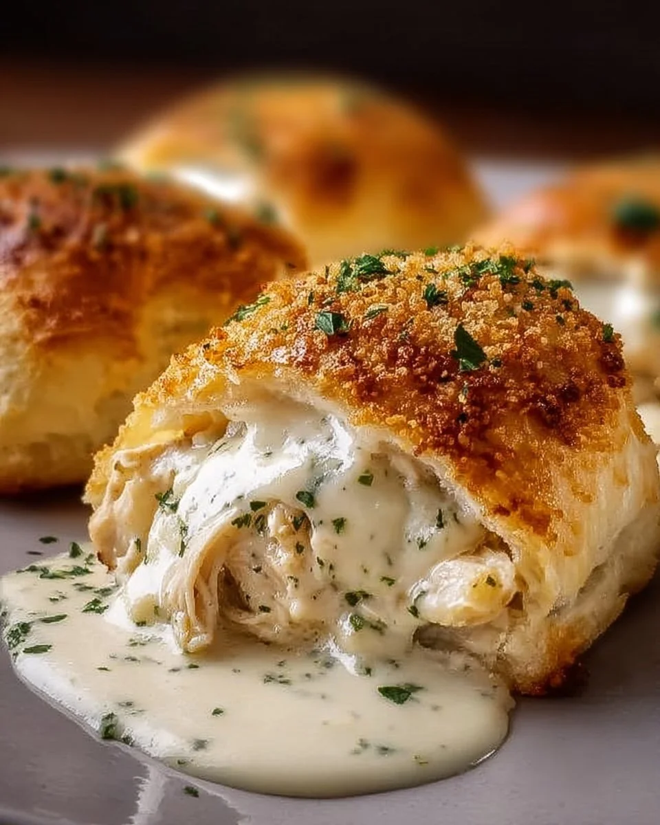 Delicious Chicken Pillows smothered in creamy parmesan sauce served on a plate.