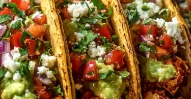 Delicious chicken tacos served on a colorful plate with fresh toppings