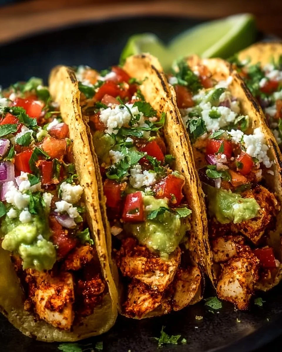 Delicious chicken tacos served on a colorful plate with fresh toppings