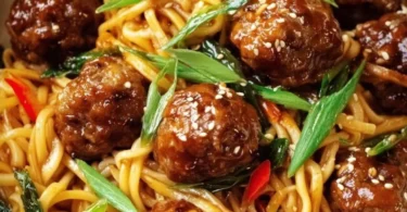 Delicious Chinese meatballs served with hoisin noodles on a plate