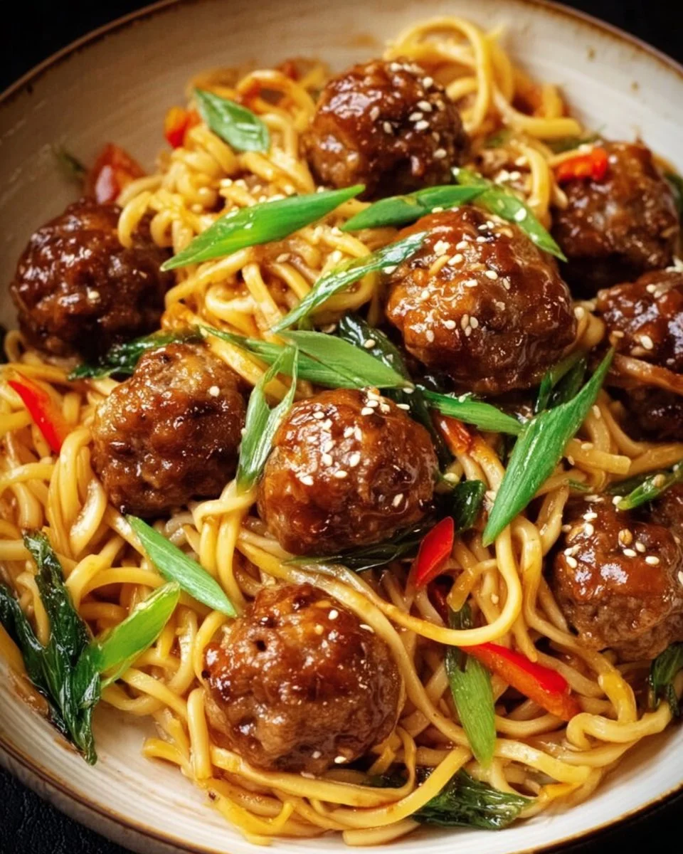 Delicious Chinese meatballs served with hoisin noodles on a plate