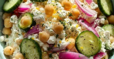 Cottage Cheese Chickpea Salad Bowl with fresh vegetables and herbs