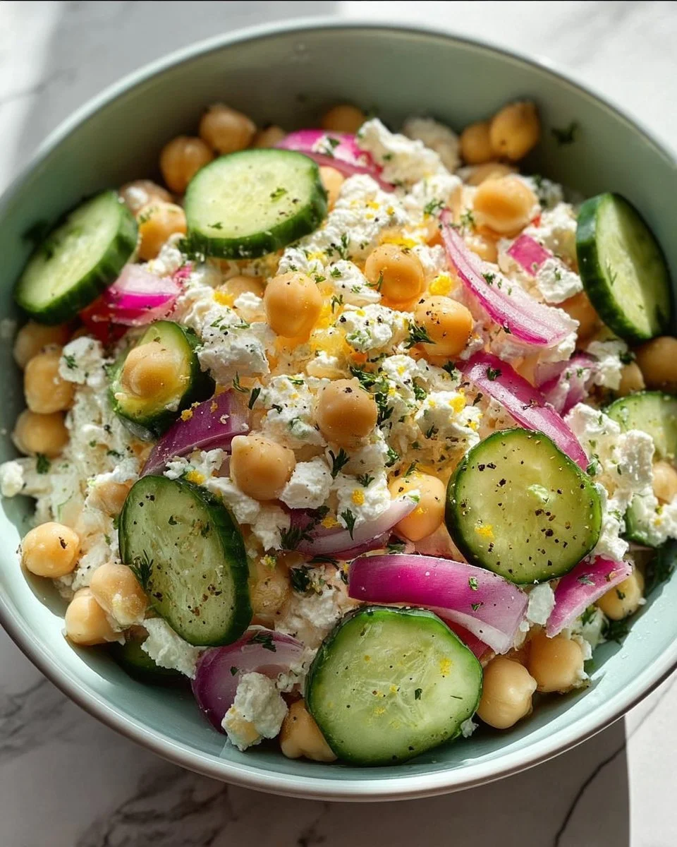 Cottage Cheese Chickpea Salad Bowl with fresh vegetables and herbs