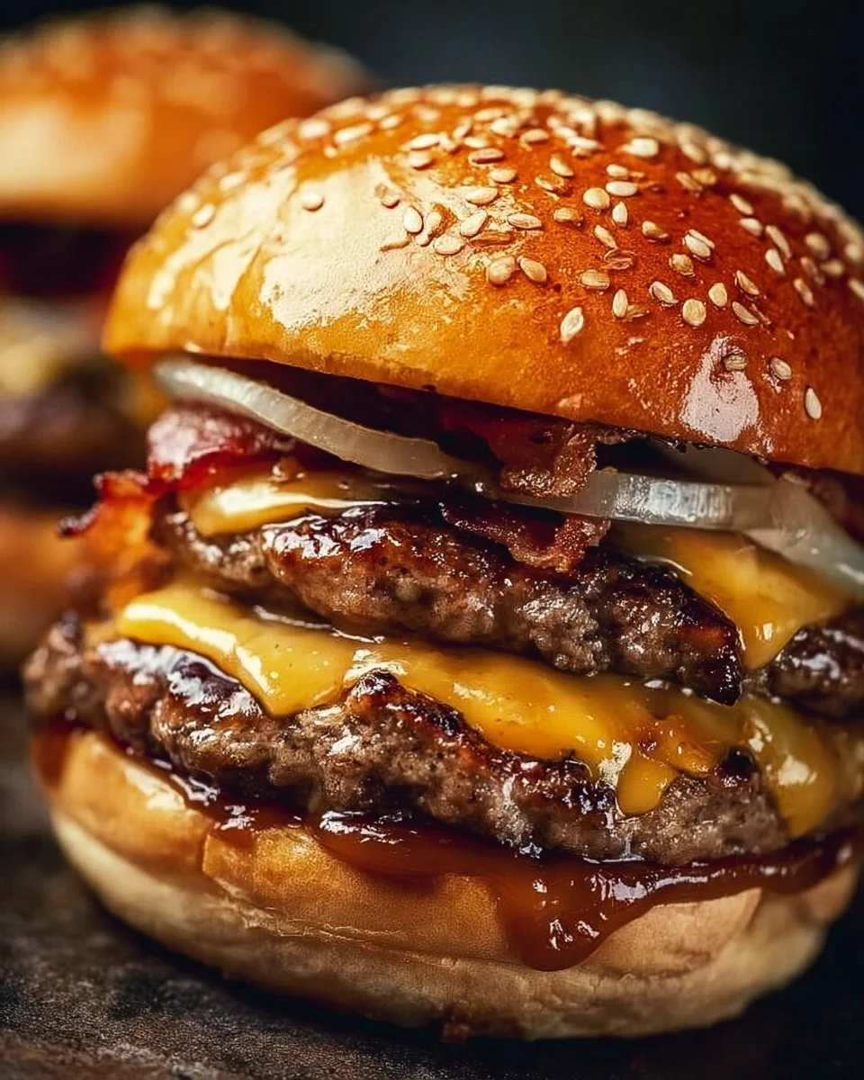 Delicious Crack Burger with toppings and side fries on a wooden table.
