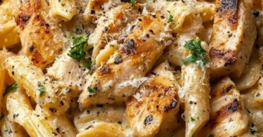 Delicious Crack Chicken Penne pasta dish topped with herbs and cheese.