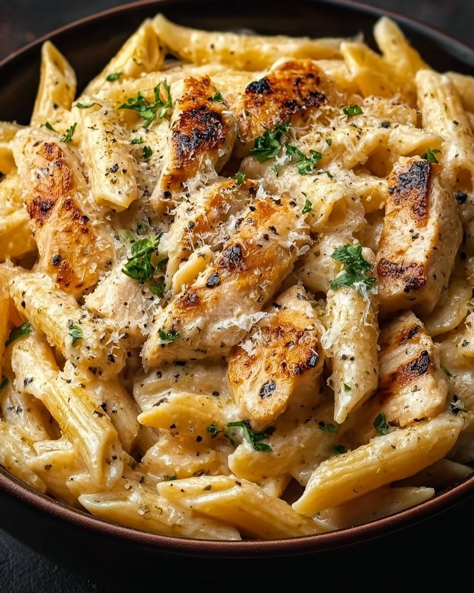 Delicious Crack Chicken Penne pasta dish topped with herbs and cheese.