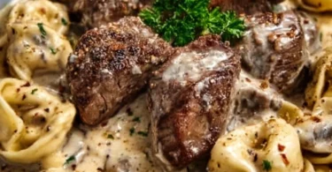 Creamy Cracked Garlic Steak Tortellini served in a rich sauce