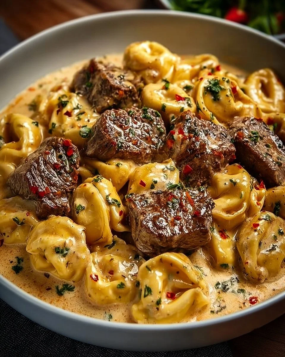Cracked Garlic Steak Tortellini in creamy sauce with herbs and spices