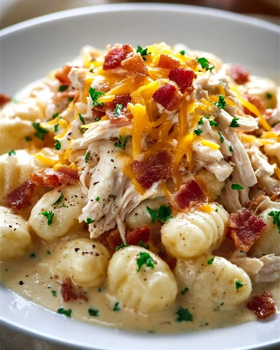 Creamy Crack Chicken Gnocchi served in a bowl with herbs on top
