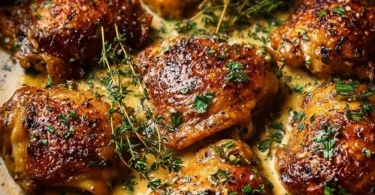 Delicious creamy garlic chicken thighs served with herbs and spices