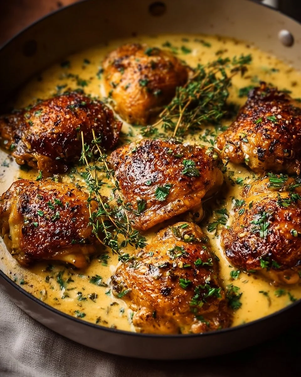 Delicious creamy garlic chicken thighs served with herbs and spices
