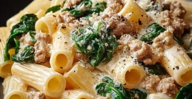 Creamy ground turkey pasta with spinach in a bowl