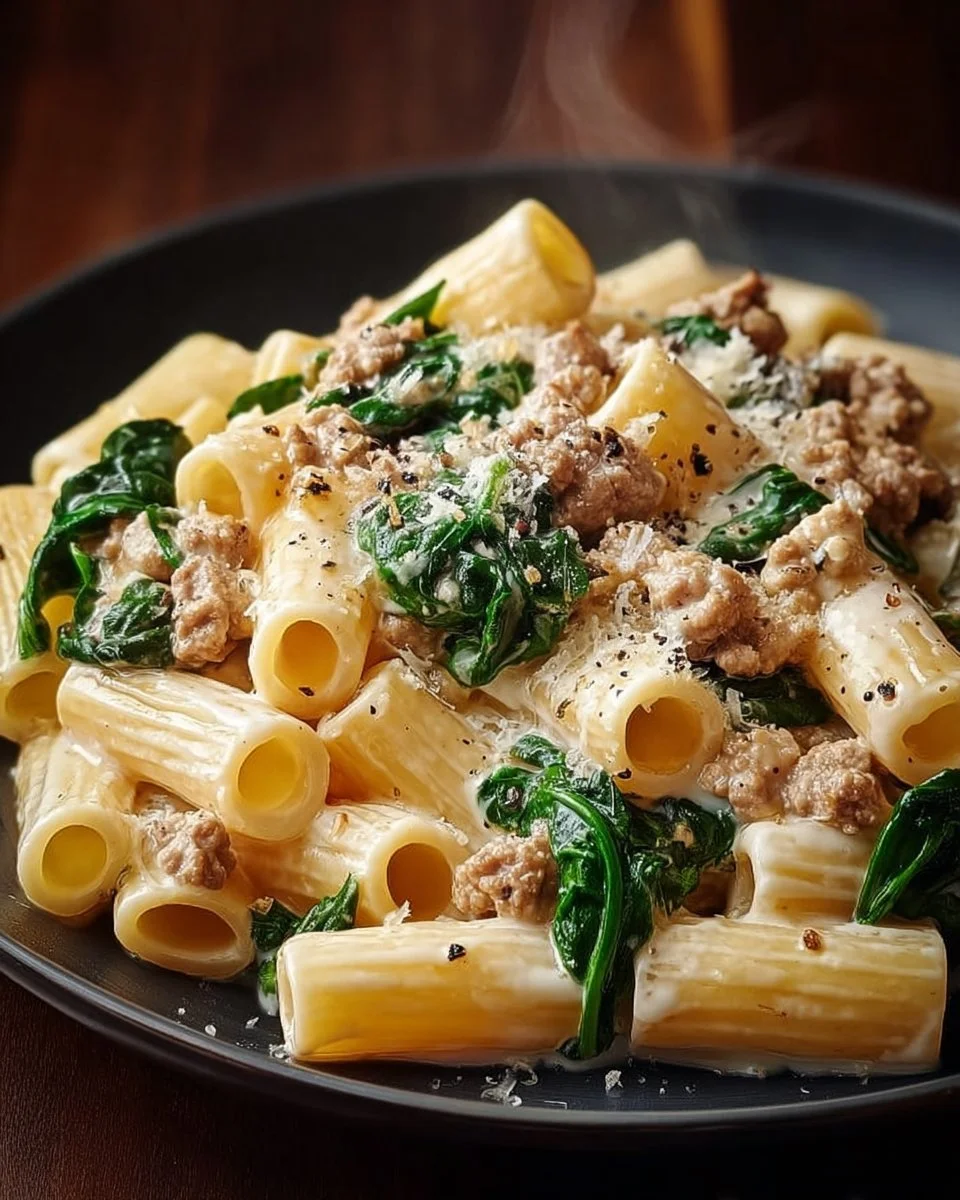 Creamy ground turkey pasta with spinach in a bowl