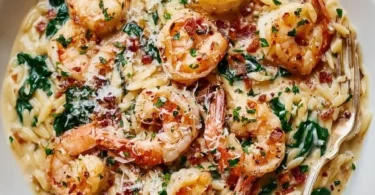 Creamy shrimp orzo dish garnished with herbs and served in a bowl