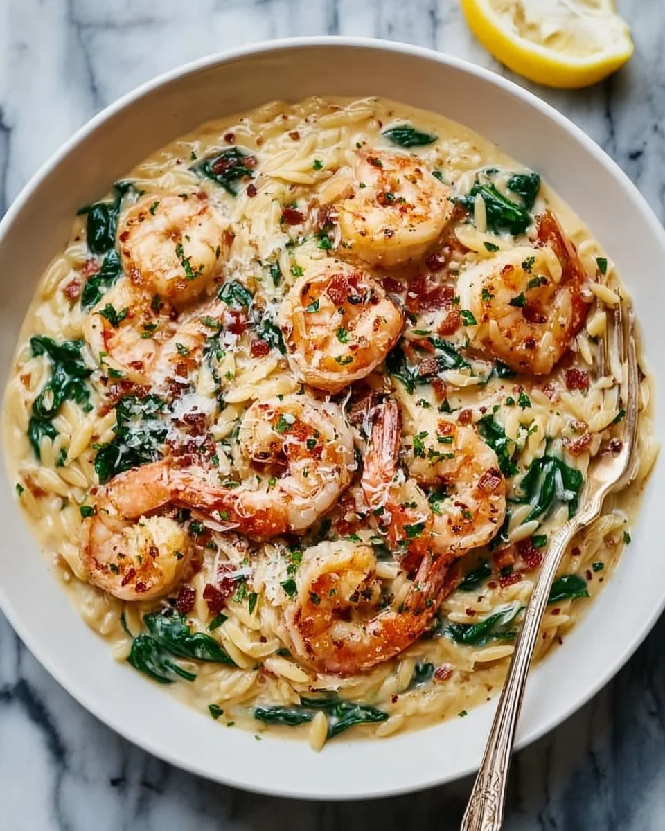 Creamy shrimp orzo dish garnished with herbs and served in a bowl