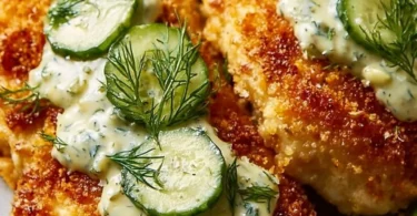Crispy Dill Pickle Parmesan Chicken plated with herbs and spices.