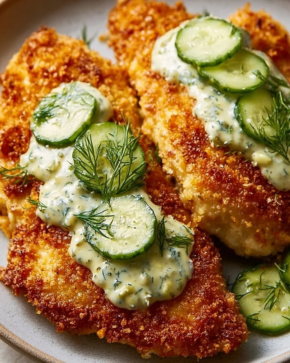 Crispy Dill Pickle Parmesan Chicken plated with herbs and spices.