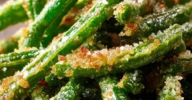 Crispy garlic parmesan green beans on a plate, garnished for a delicious side dish.