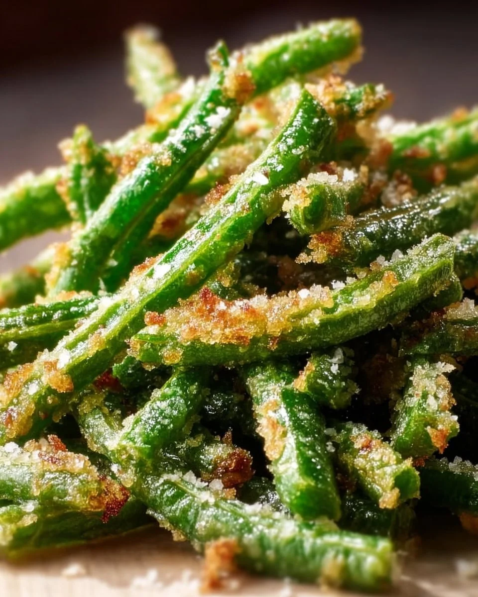 Crispy garlic parmesan green beans on a plate, garnished for a delicious side dish.