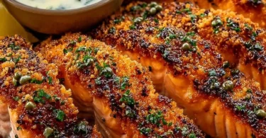Crispy salmon strips served with a herb tartar dip.