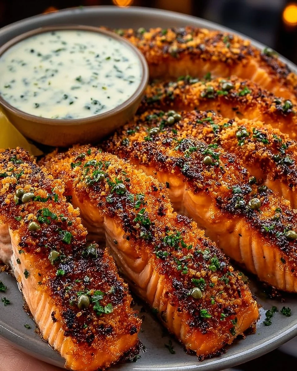 Crispy salmon strips served with a herb tartar dip.