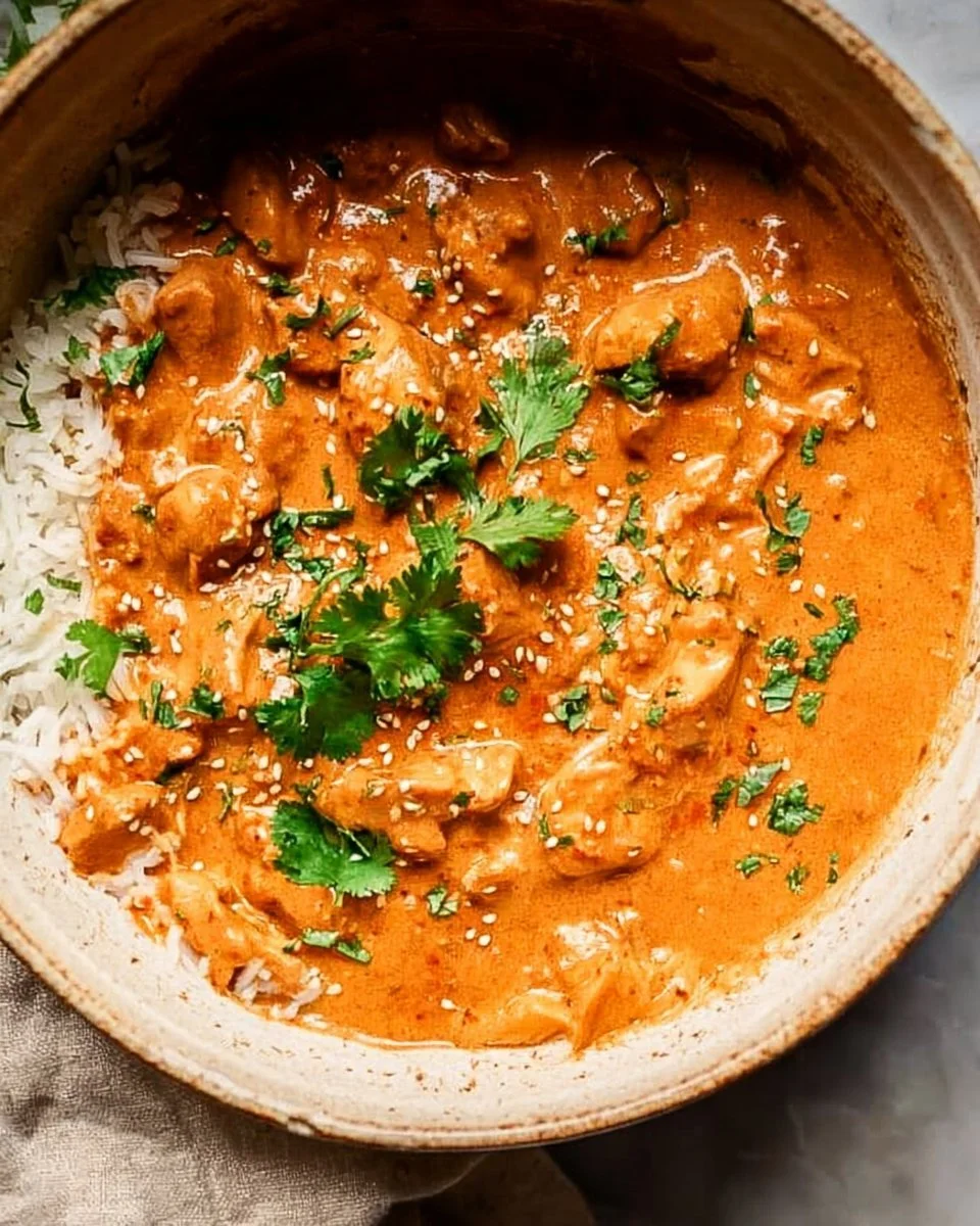 Delicious Crockpot Butter Chicken served with rice and naan bread