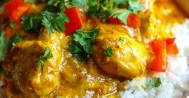 Crockpot Coconut Curry Chicken served with rice and fresh herbs.