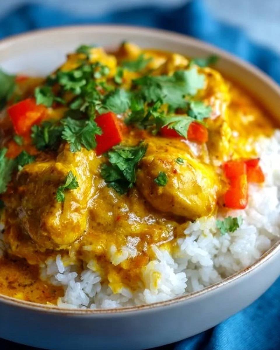 Crockpot Coconut Curry Chicken served with rice and fresh herbs.